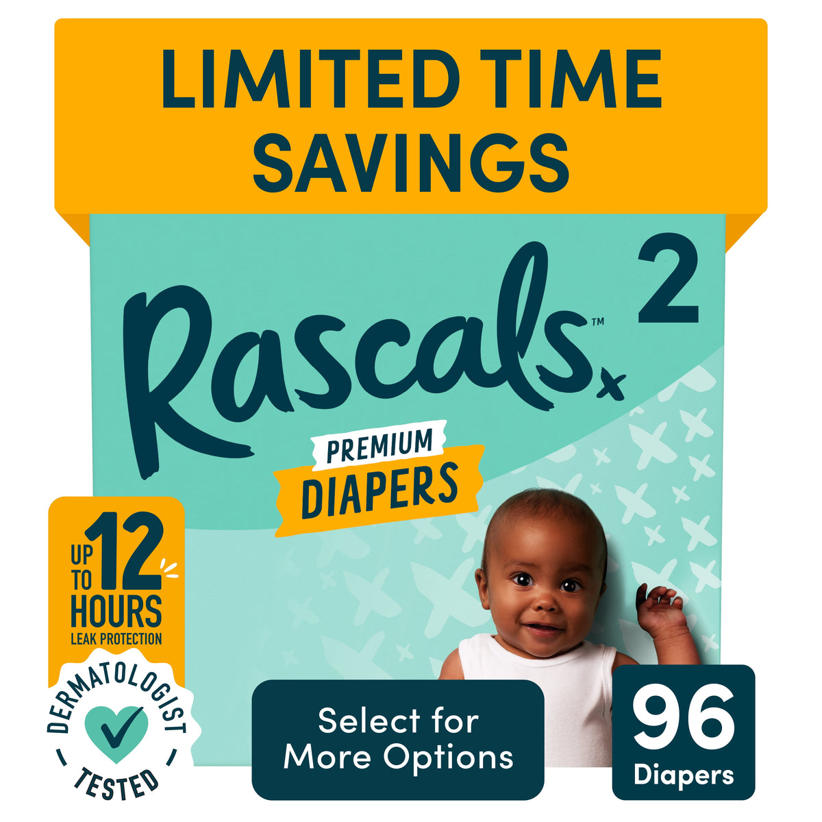 Rascals Premium Diapers Size 2, 96 Count box
