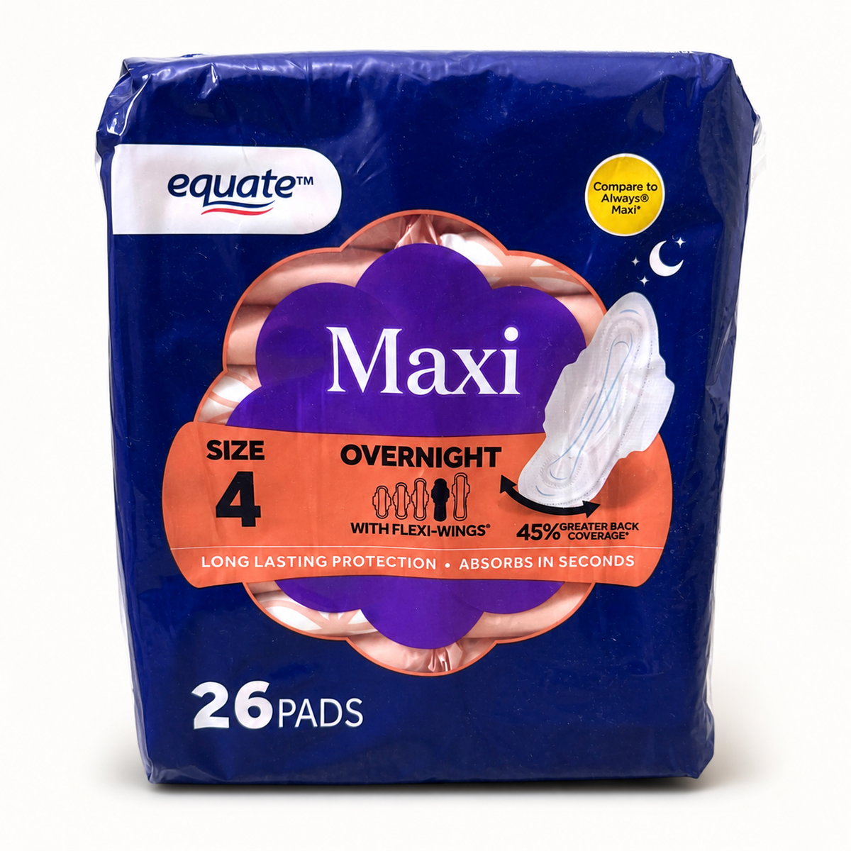 Equate Overnight Maxi Pads with Flexi-Wings, Size 4, 26 Count